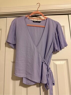 Zara Lilac Wrap Blouse with Pleated Short Sleeves